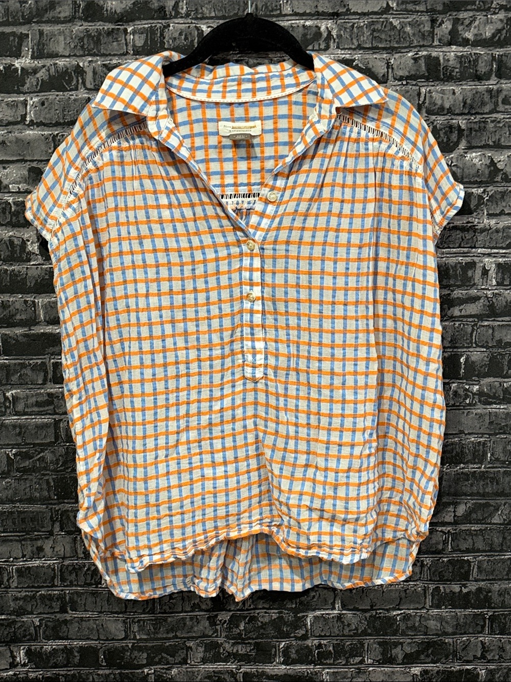 Pilcro and the Letterpress Orange and Blue Checked Short-Sleeve Button Top